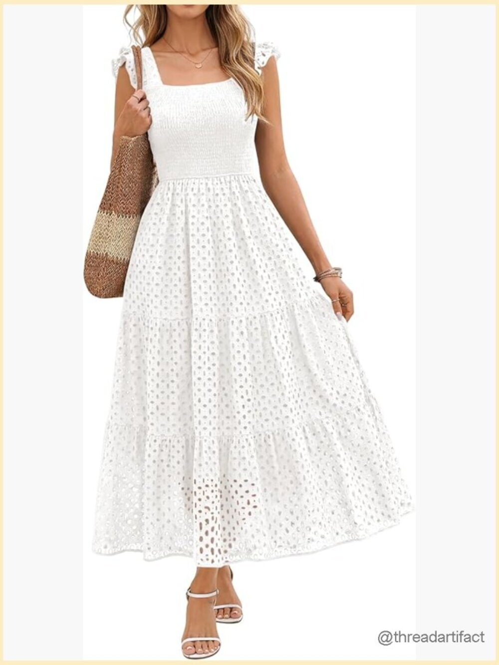 Womens Summer Maxi Dress Square Neck Ruffle Cap Sleeve Hollow Out Eyelet